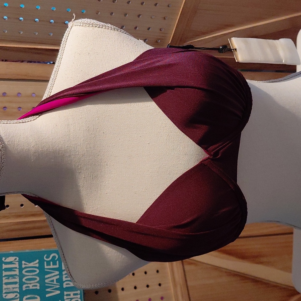 a.ch’e Deep Burgundy Halter Bikini Top Pink Lining 34D NWT